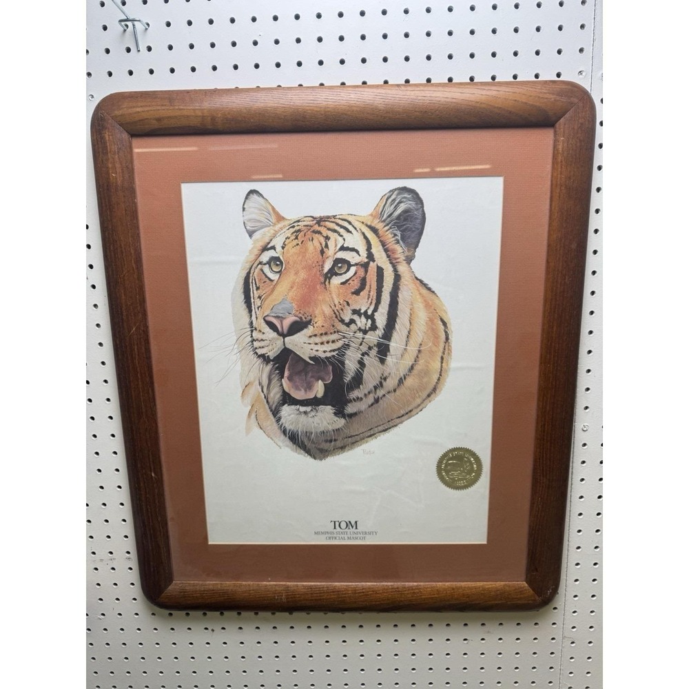 Vintage Memphis State University Mascot Tom Tiger Wood Framed Signed Pardue 1977